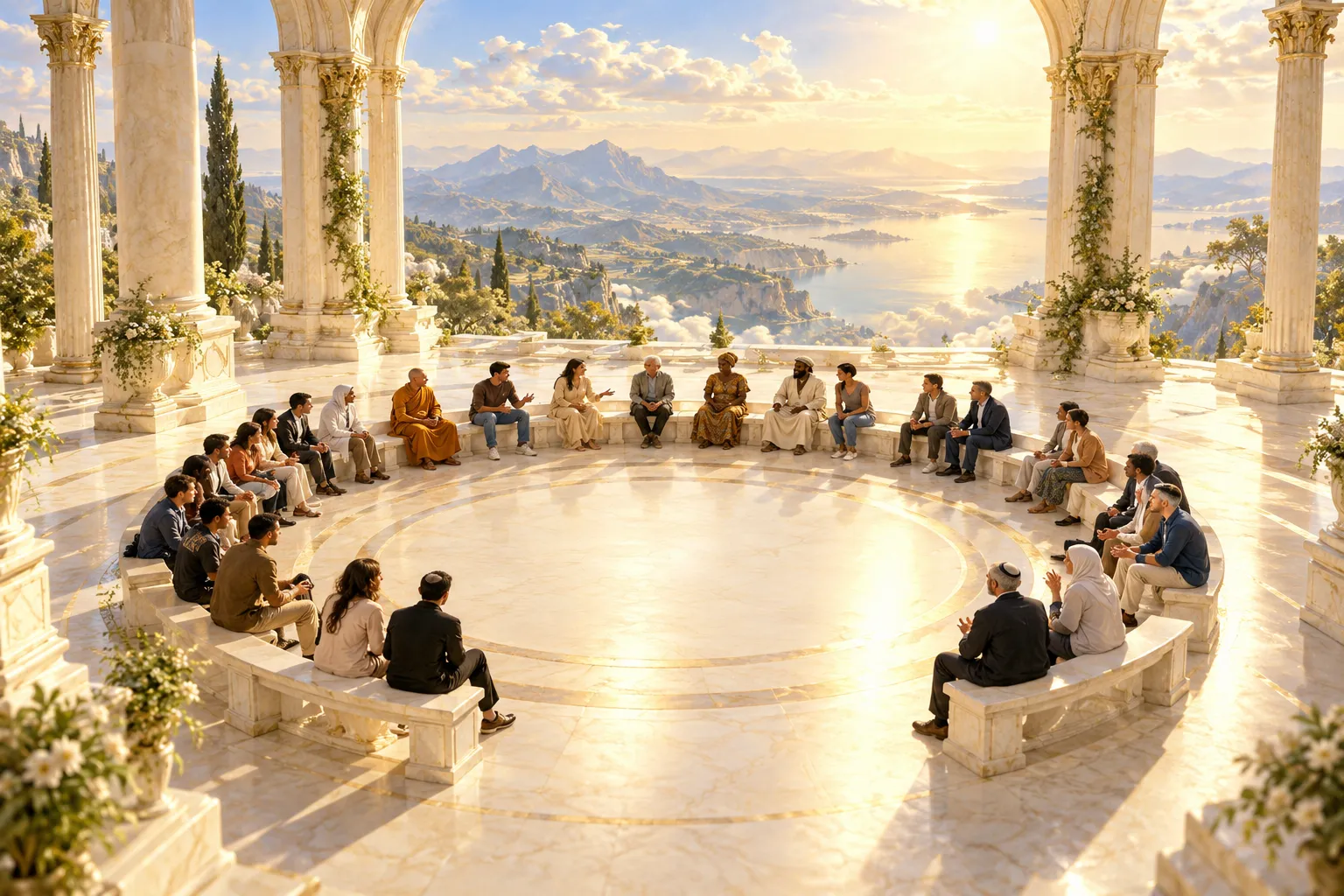 Une grande salle blanche ouverte sur le ciel : des personnes de tous âges et de toutes origines, dont un moine en robe safran, assises en cercle sur des bancs de marbre, se parlent ; au centre du cercle, un espace vide et lumineux.