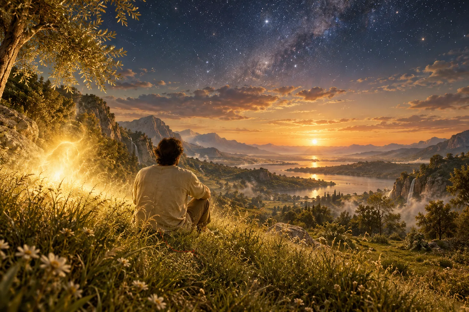 Le soir dans le jardin : un homme seul, de dos, assis dans l'herbe, lève la tête vers les premières étoiles ; à côté de lui, une lueur dorée veille.
