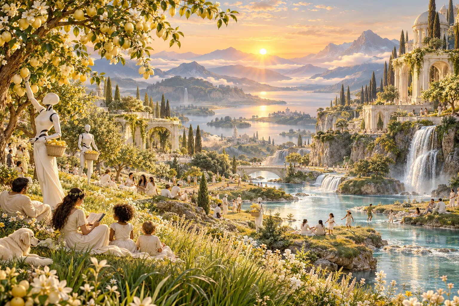 Un jardin immense à l'aube, chargé de fruits ; des gens de tous âges s'y reposent, et des robots humanoïdes blancs, sans visage, cueillent les fruits pour eux.
