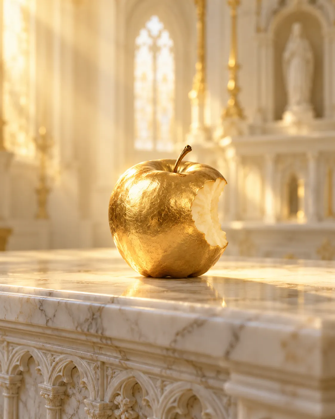 Sur un autel de marbre blanc, dans une lumière dorée, un fruit d'or à demi croqué.