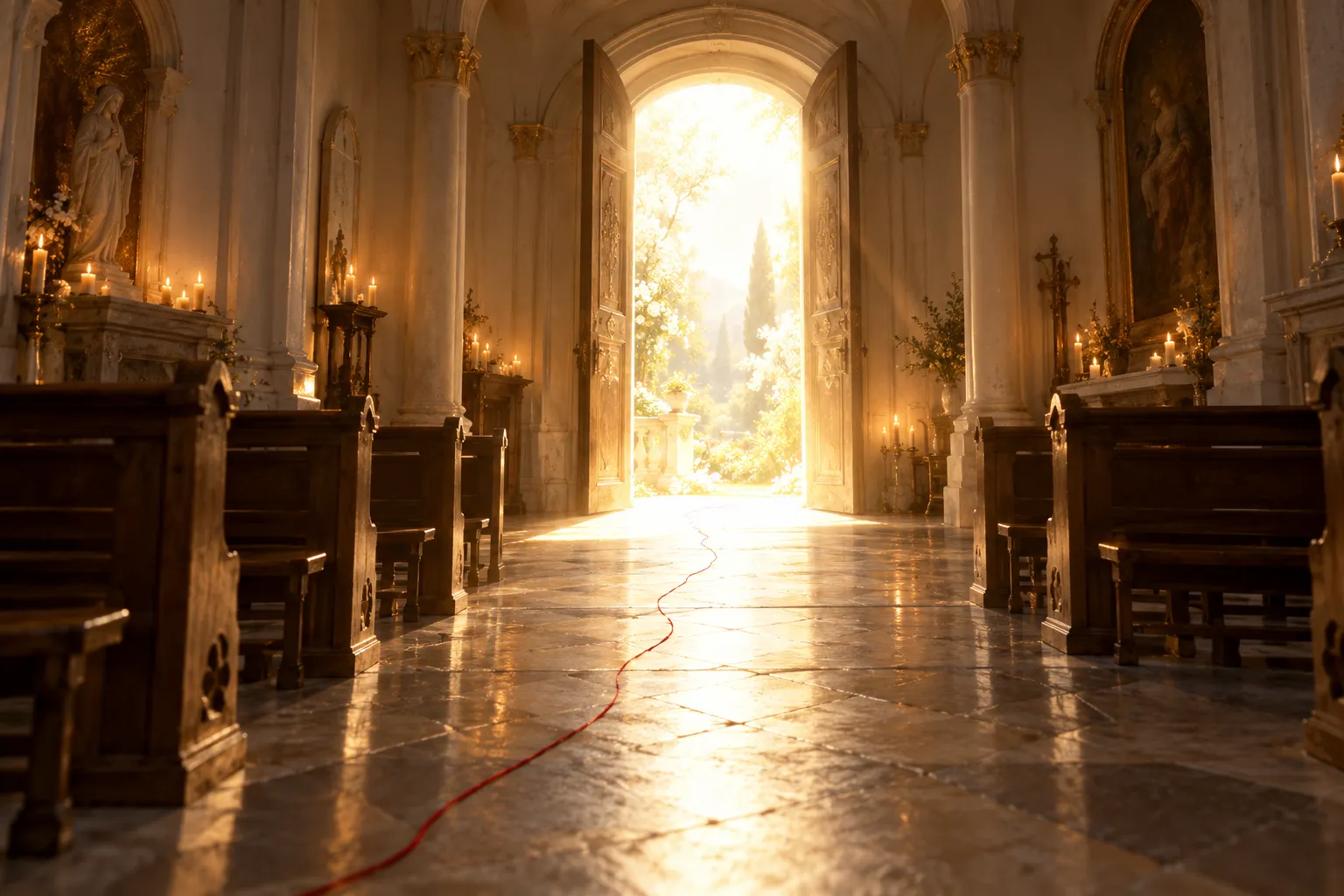 Le fond d'une chapelle dans la pénombre, éclairée de quelques cierges ; au bout de la nef, une haute porte s'entrouvre sur une lumière éblouissante où l'on devine un jardin.