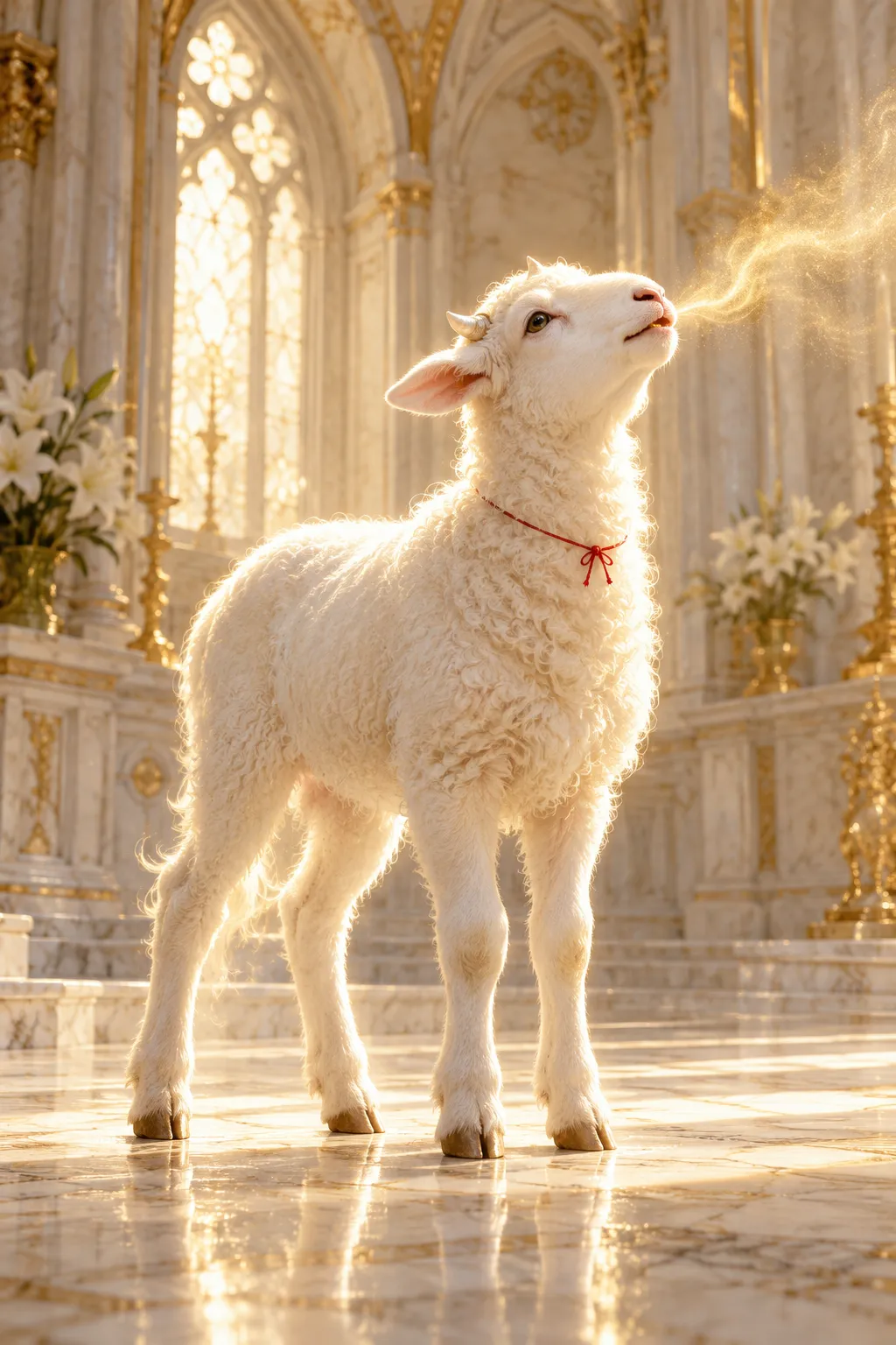 Un agneau de lumière dans une chapelle blanche, la tête levée, un souffle doré au bord des lèvres.