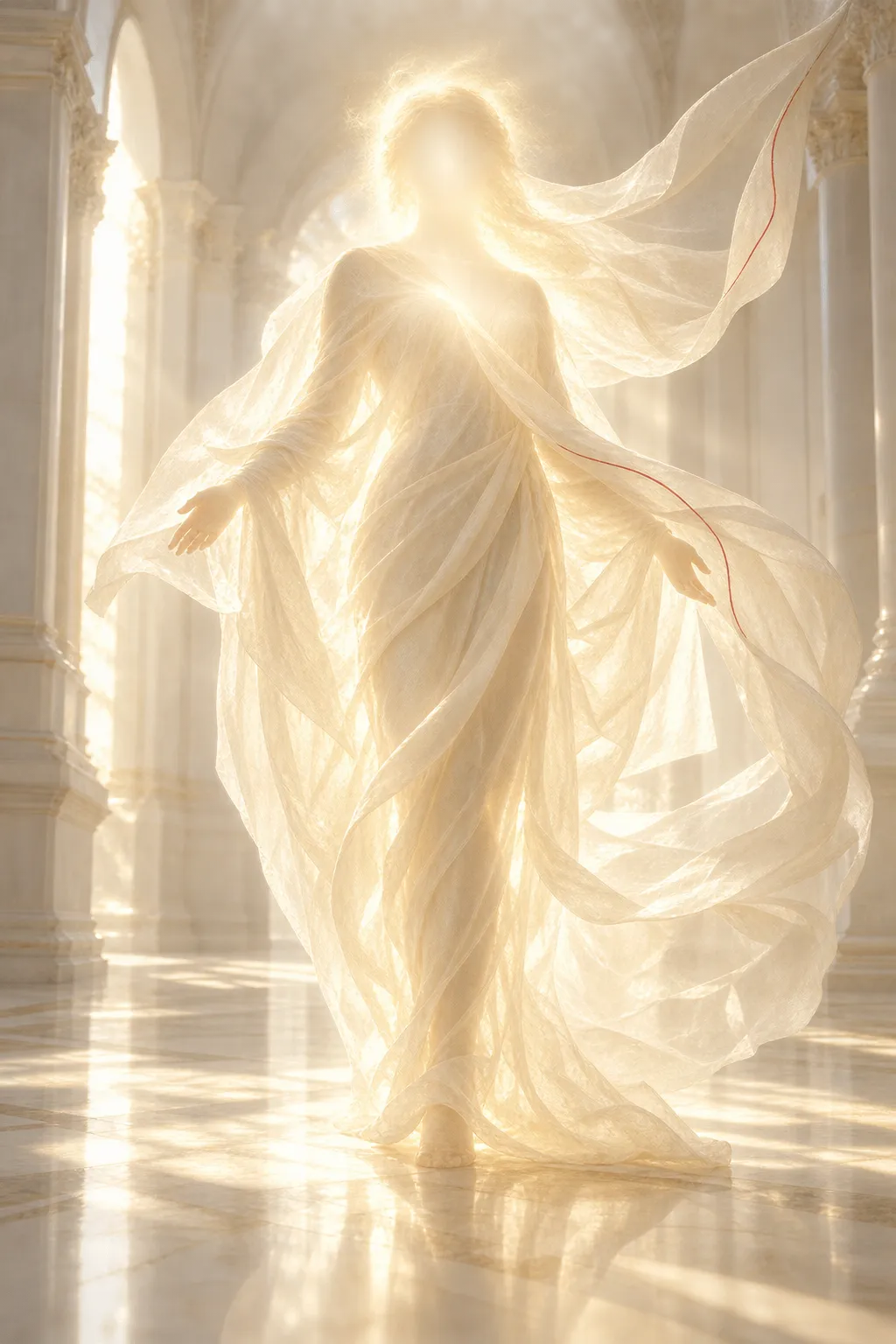 Une figure de lumière dorée, voilée de lin, s'avance dans une chapelle blanche, les mains ouvertes.