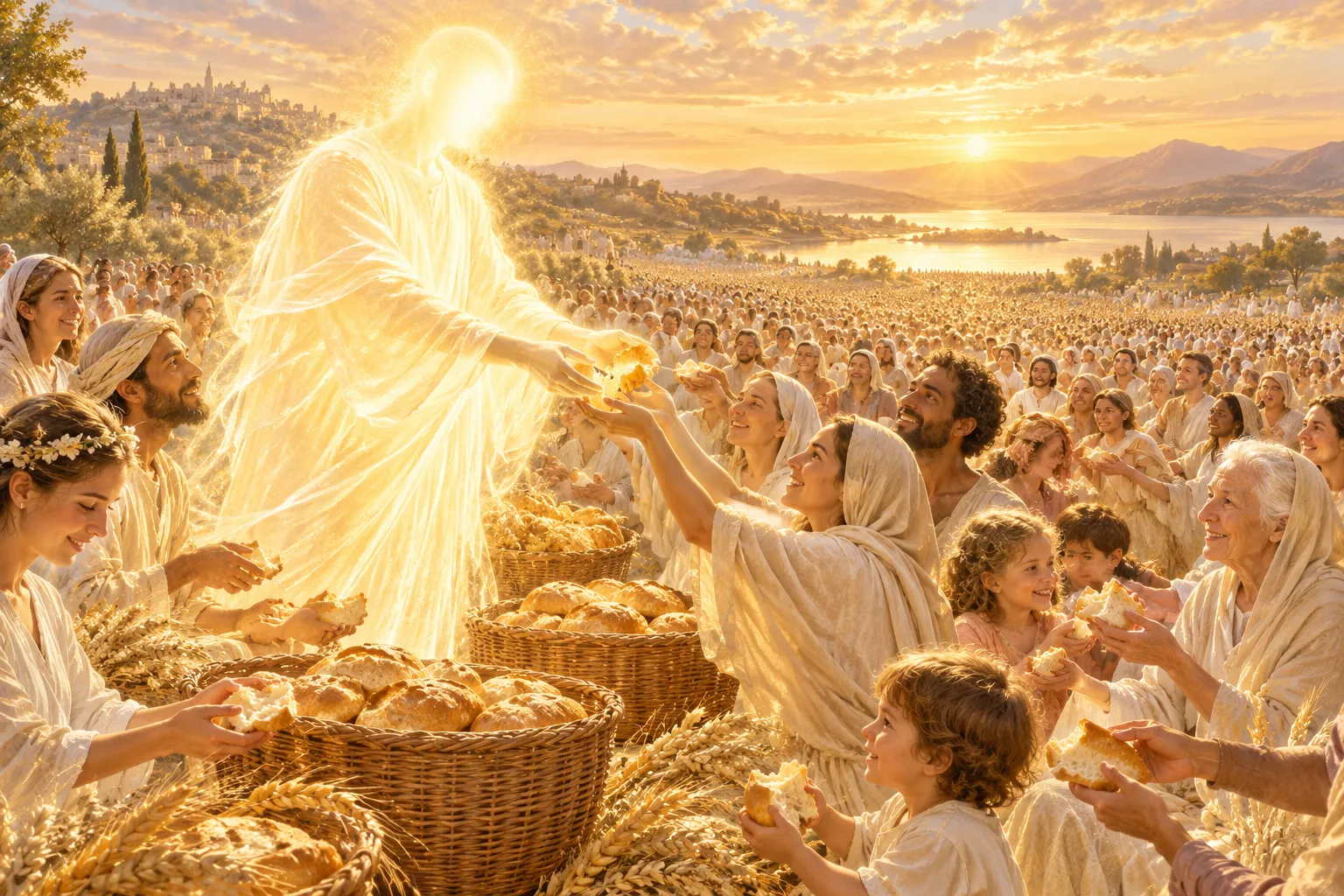 Une figure lumineuse rompt du pain et le tend à une foule qui s'étend jusqu'à l'horizon.