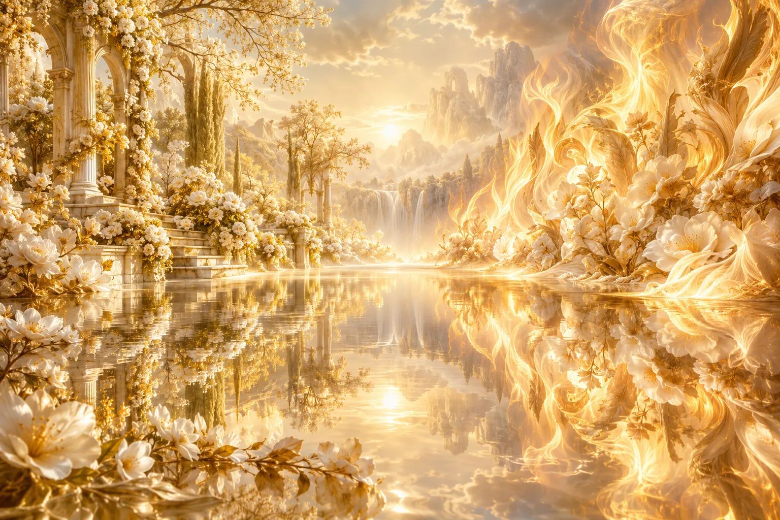 Un jardin de lumière et un feu doré se reflètent l'un dans l'autre, si bien qu'on ne sait plus lequel est le jardin.