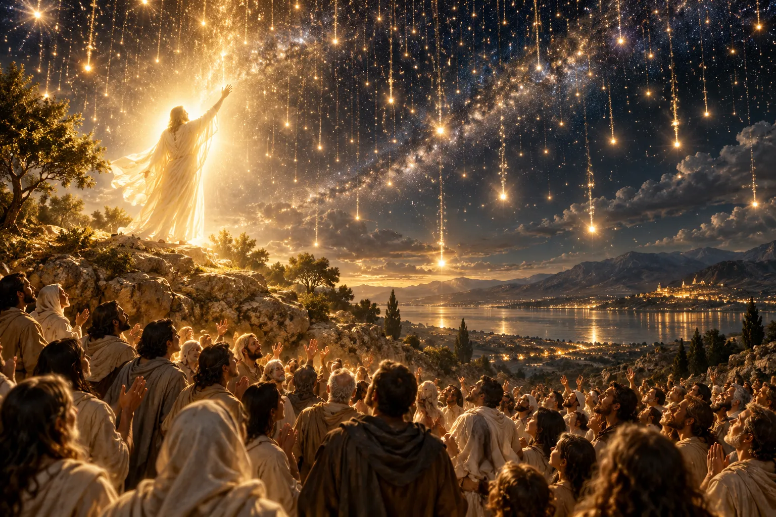 Sur une colline, une figure de lumière lève la main ; des étoiles descendent comme une pluie d'or sur une foule émerveillée.