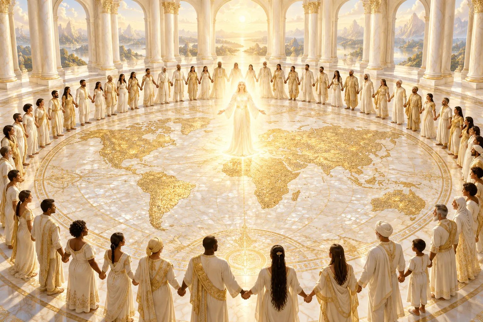 Une carte du monde en mosaïque d'or ; autour, des personnes de tous les peuples se donnent la main.