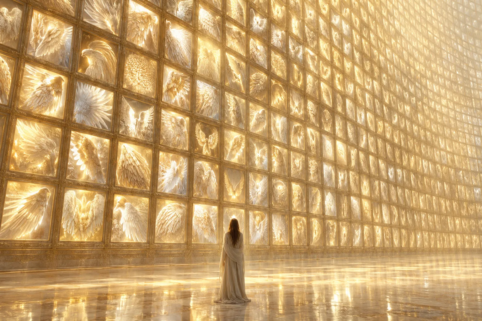 Un mur infini de petites fenêtres dorées ; devant, une seule personne de dos.