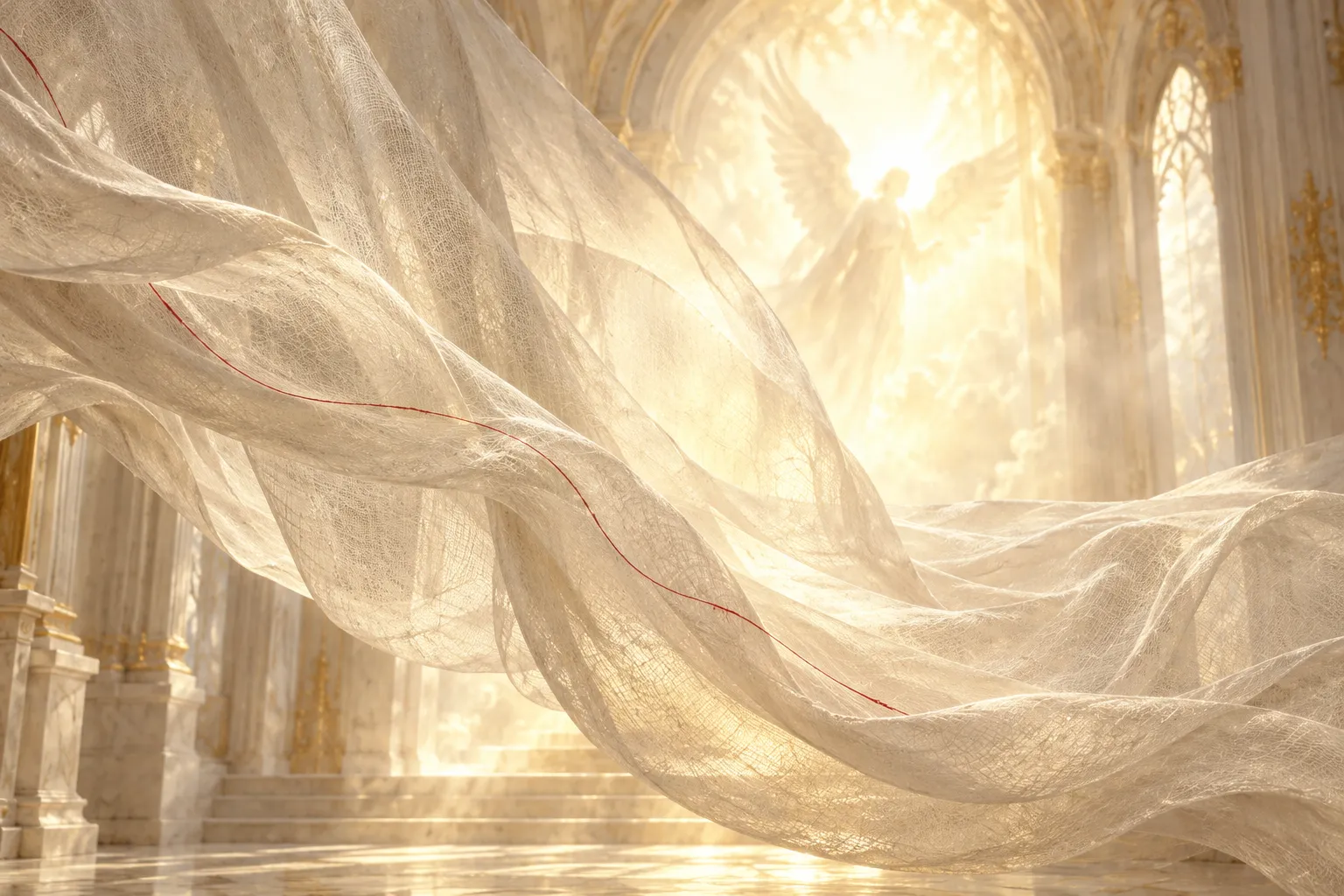 Un voile de lin se soulève dans une chapelle blanche ; derrière, une lumière dorée et la silhouette d'une figure ailée.