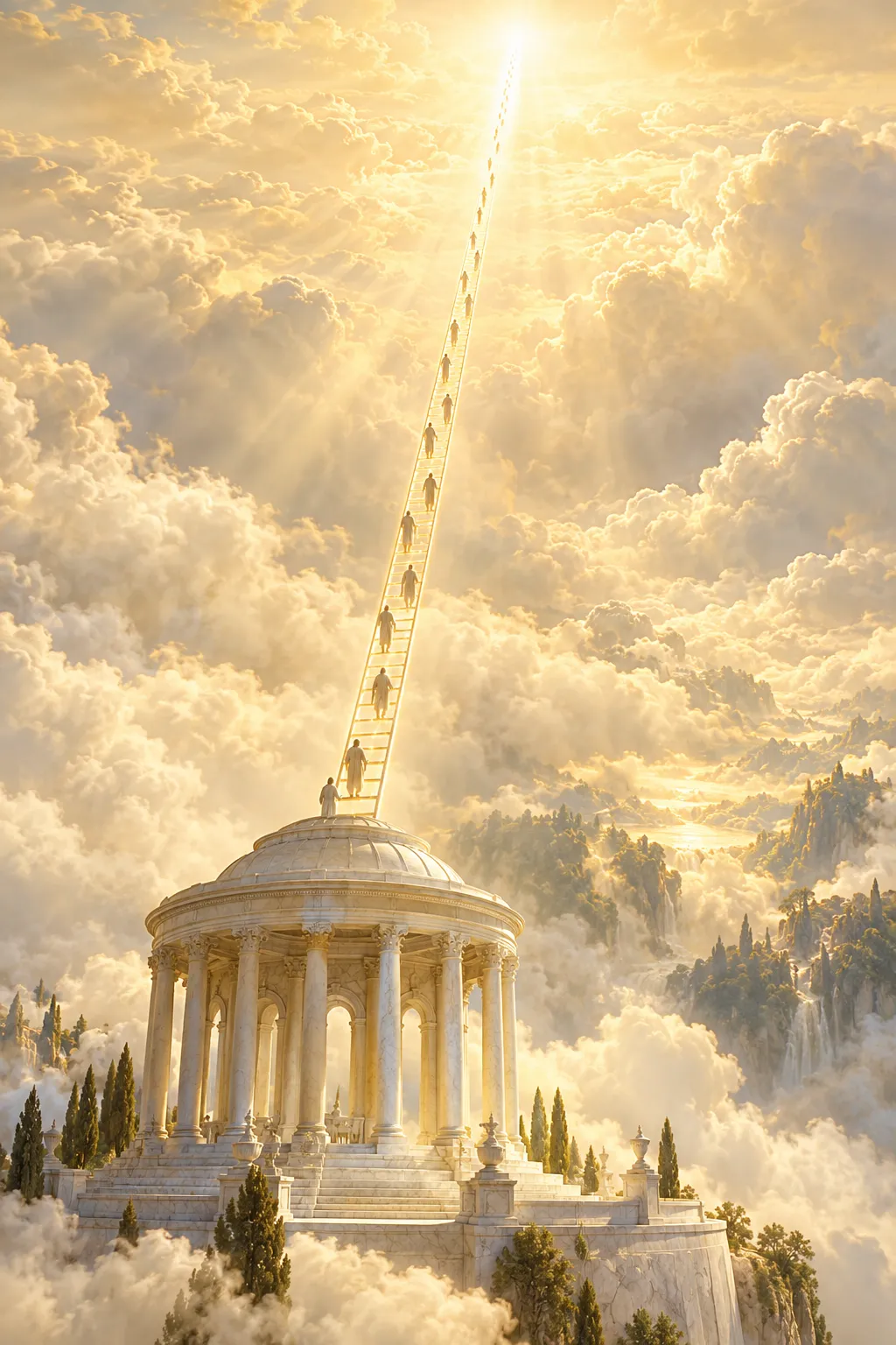 Une échelle de lumière part d'un dôme de cathédrale et monte au-dessus des nuages, vers un ciel d'or.