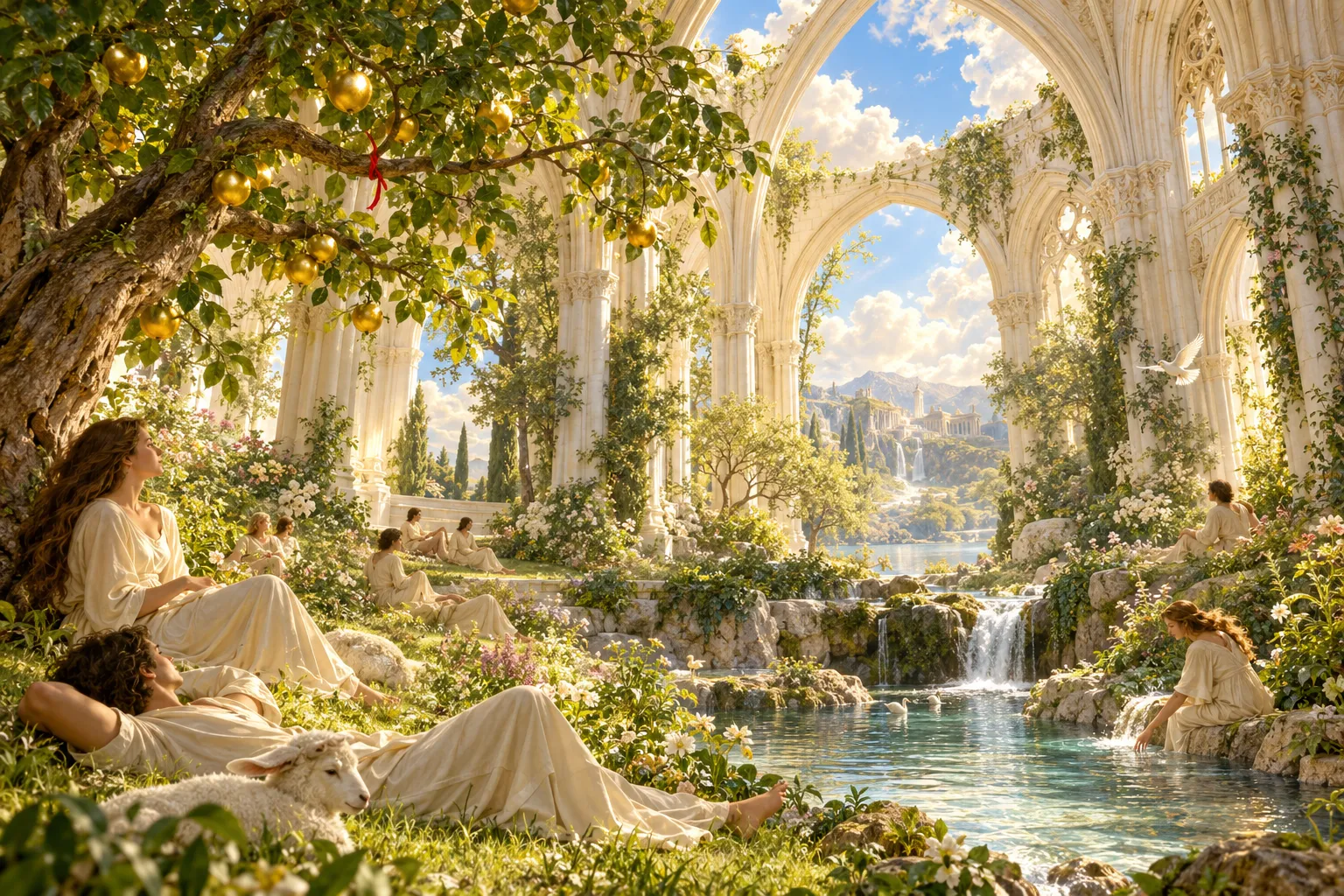 Un jardin luxuriant pousse dans une chapelle blanche ouverte sur le ciel ; des personnes se reposent près d'une source.
