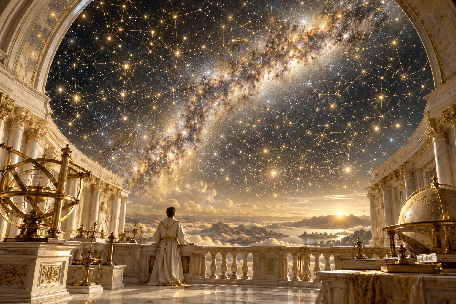 Sous une coupole d'observatoire ouverte, d'innombrables étoiles reliées une à une par des traits d'or.