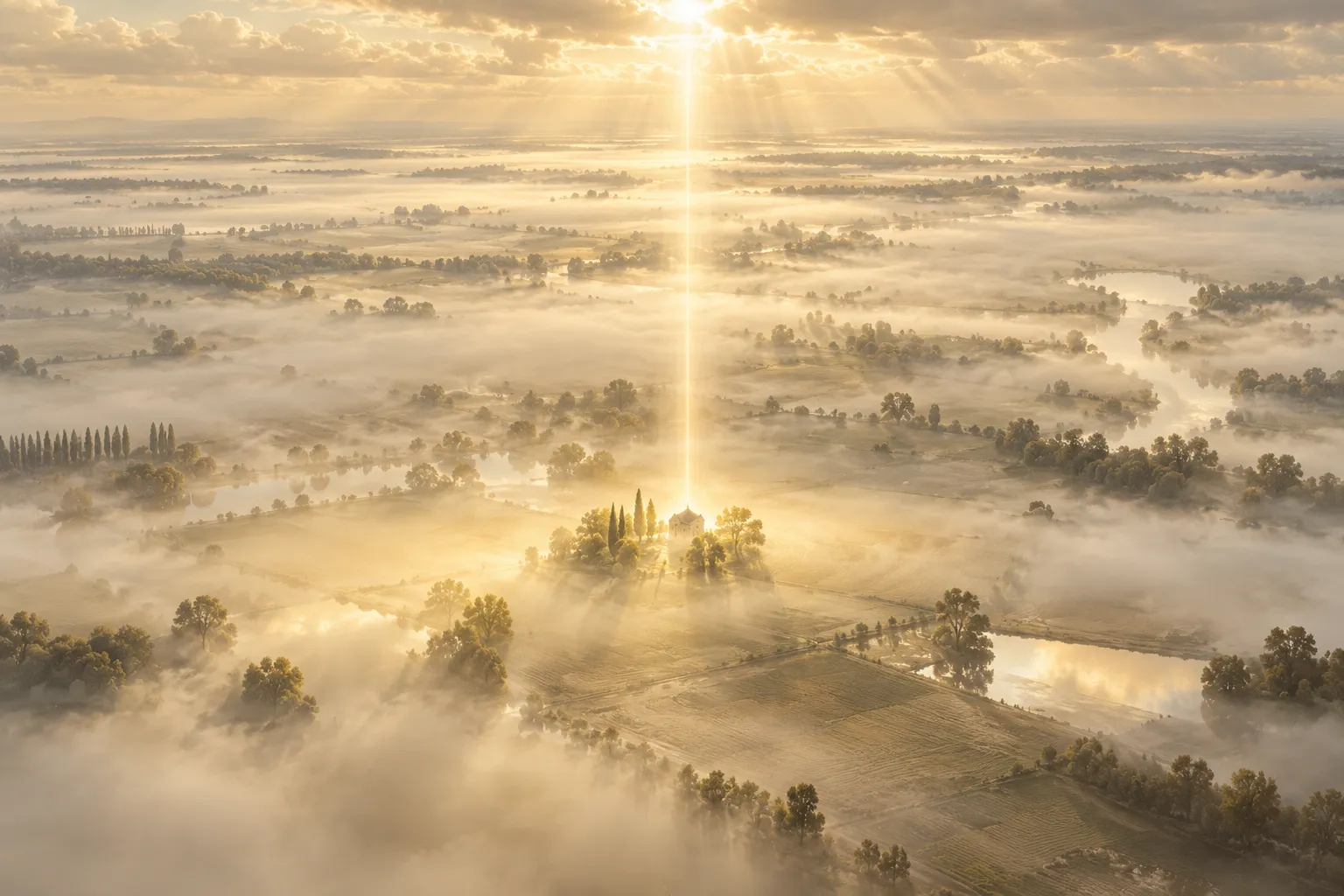 Vue de très haut, une plaine brumeuse ; un unique faisceau de lumière dorée descend sur un seul point.