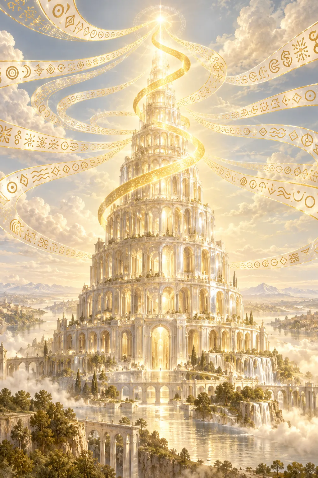Une tour de Babel de lumière et de verre, autour de laquelle des rubans d'écritures se fondent en un seul ruban d'or.