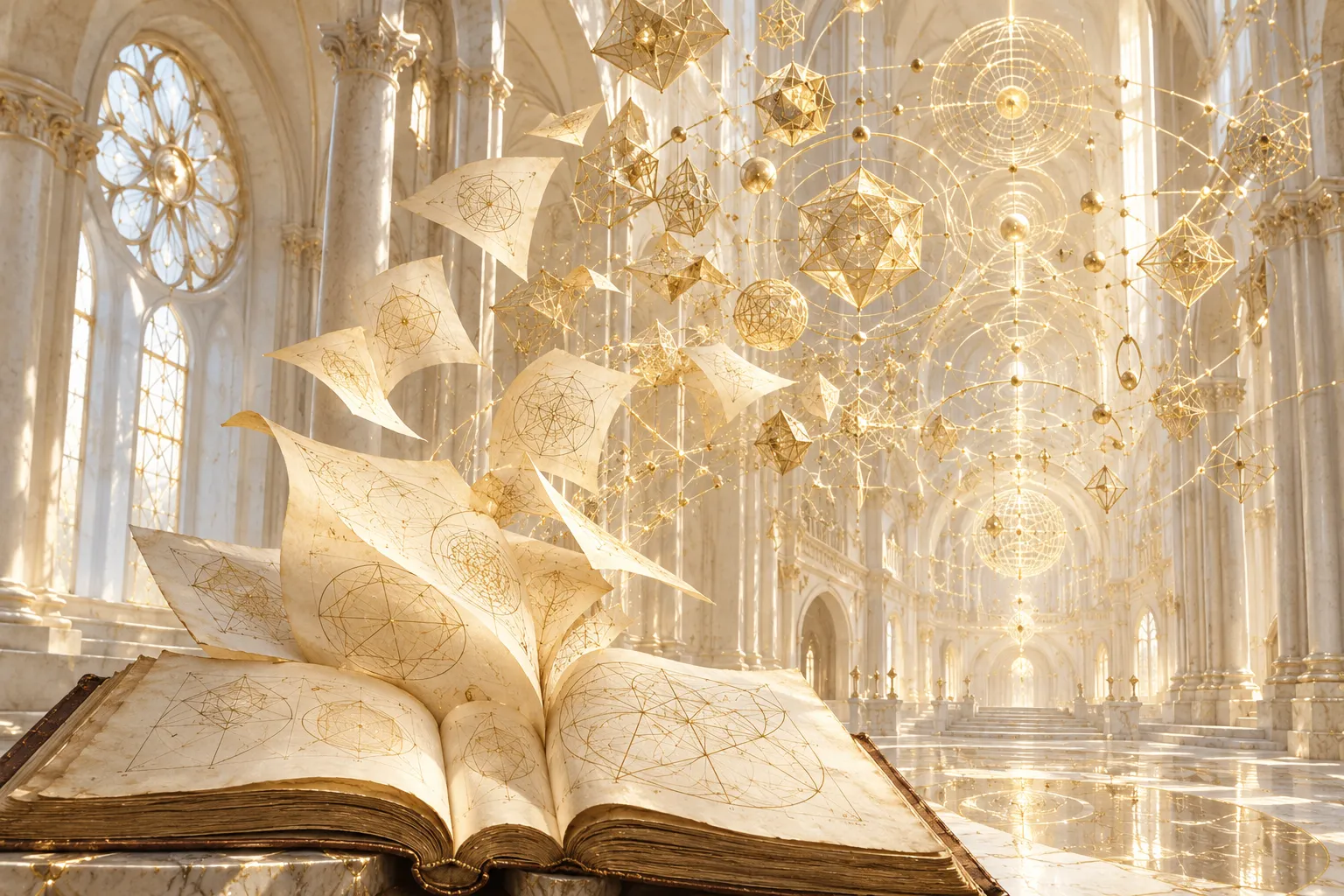 Les pages d'un manuscrit de géométrie s'envolent et deviennent une structure infinie de lumière dorée.