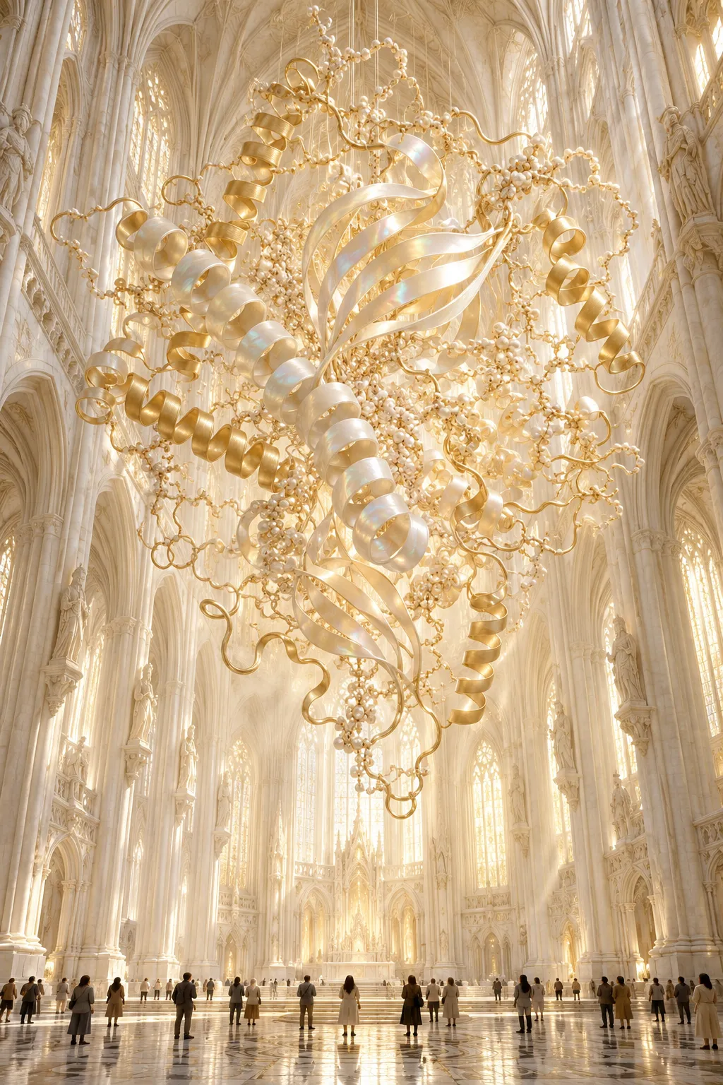 Une protéine immense, faite de filaments d'or, suspendue sous la voûte d'une cathédrale blanche ; en bas, de minuscules visiteurs lèvent les yeux.